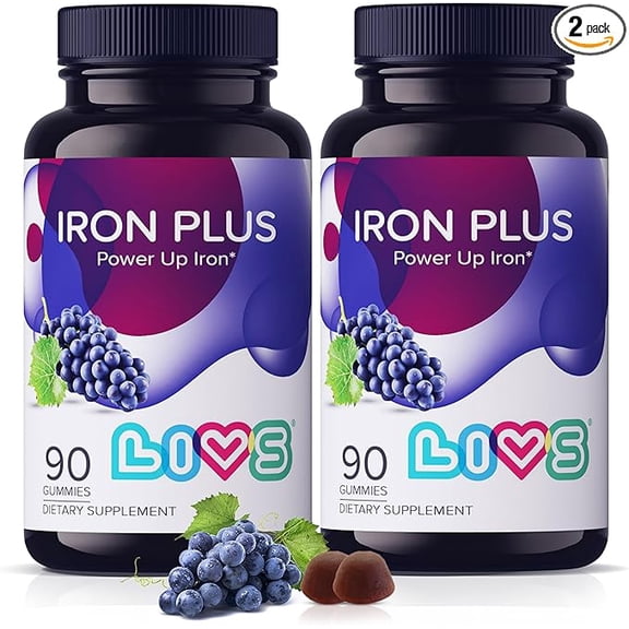 LIVS Iron Plus Gummies - Iron Gummies with Vitamin C, B12, Folate, Zinc & Biotin - Energy, Immune & Blood Support - Grape Flavor - Pack of 2 - 180 Count with 90 Servings