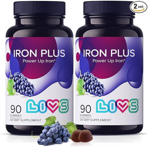 LIVS Iron Plus Gummies - Iron Gummies with Vitamin C, B12, Folate, Zinc & Biotin - Energy, Immune & Blood Support - Grape Flavor - Pack of 2 - 180 Count with 90 Servings