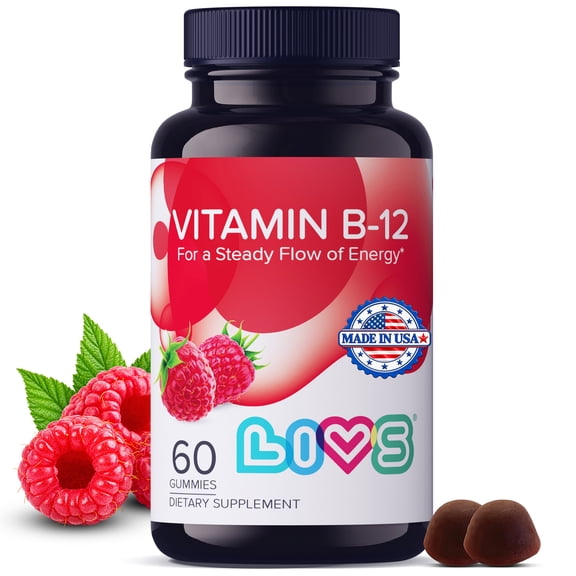 LIVS Vitamin B-12 Gummy, Extra Strength 1,500 Mcg Daily Supplement – 60 Raspberry Gummies
