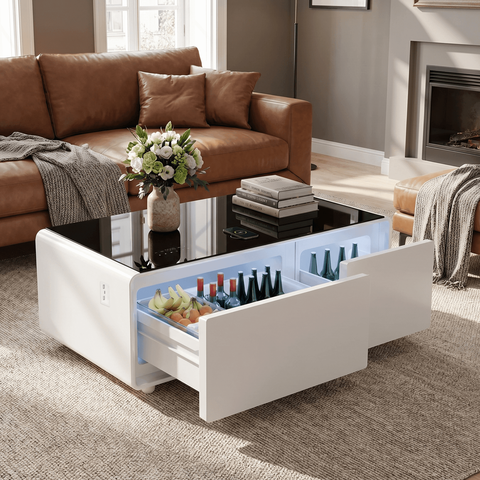LIVTAB Smart Coffee Table, 23" D x 41.5" W x 18.2" H, Living Room Table with Built in Fridge and Speakers, Smart Table with 15W Wireless Charging, USB Chargers and 110V Outlets, White