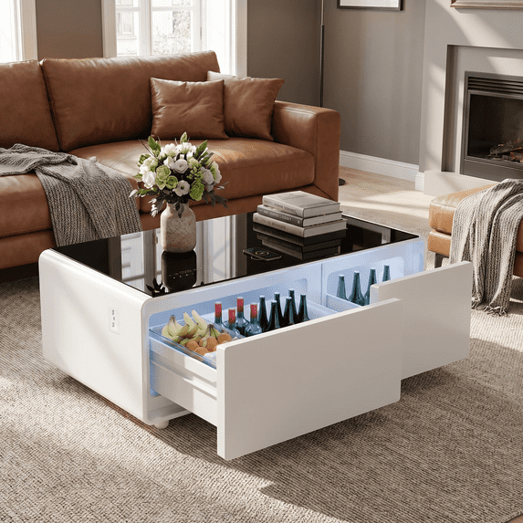 LIVTAB Smart Coffee Table, 23" D x 41.5" W x 18.2" H, Living Room Table with Built in Fridge and Speakers, Smart Table with 15W Wireless Charging, USB Chargers and 110V Outlets, White