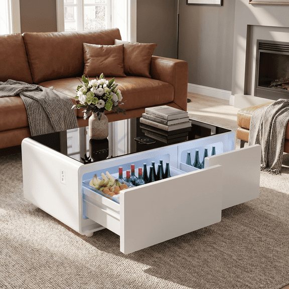 LIVTAB Smart Coffee Table, 23" D x 41.5" W x 18.2" H, Living Room Table with Built in Fridge and Speakers, Smart Table with 15W Wireless Charging, USB Chargers and 110V Outlets, White