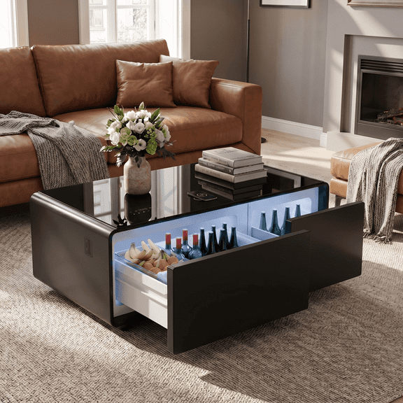LIVTAB Smart Coffee Table, 23" D x 41.5" W x 18.1" H, Living Room Table with Built in Fridge and Speakers, Smart Table with 15W Wireless Charging, USB Chargers and 110V Outlets, Black
