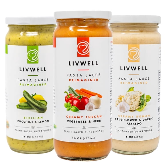 LIVWELL Dairy-Free Pasta Sauce Variety Pack, 16 oz Jars, 3-Pack, Includes Cauliflower Alfredo, Vegetable & Herb, and Zucchini Lemon, Plant-Based, Gluten-Free