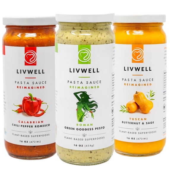 LIVWELL Dairy-Free Pasta Sauce Variety Pack, 16 oz Jars, 3-Pack, Includes Green Goddess, Calabrian Chili, and Butternut Squash, Plant-Based, Gluten-Free