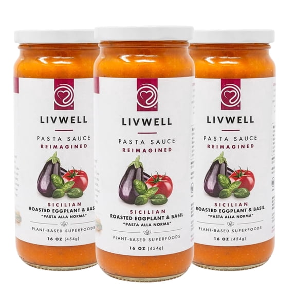 LIVWELL Vegan Sicilian Roasted Eggplant Pasta Sauce, 16 oz, 3-Pack, No Seed Oils, Gluten-Free