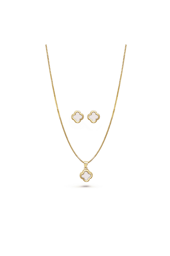 18K Gold Plated Clover Jewelry Set, Pendant Necklace and Matching Earrings, Mother-of-Pearl, 2 pieces Set