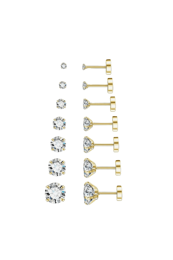 7 Pairs Yellow Gold Plating Hypoallergenic Flat Back Stud Earrings| Earrings for Sensitive Ears for Women and Men