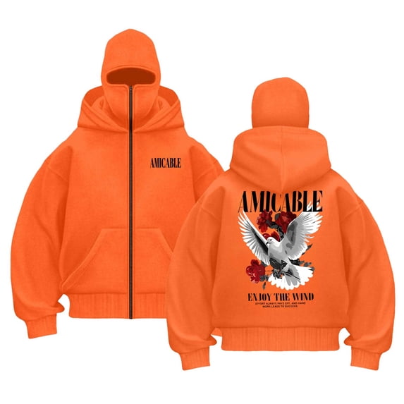 LIWENLI Fleece Lined Zip Up Hoodie Men with Balaclava Mask Trendy Print Sweatshirt, S-2XL (Orange,L)