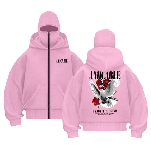 LIWENLI Fleece Lined Zip Up Hoodie Men with Balaclava Mask Trendy Print Sweatshirt, S-2XL (Pink,L)