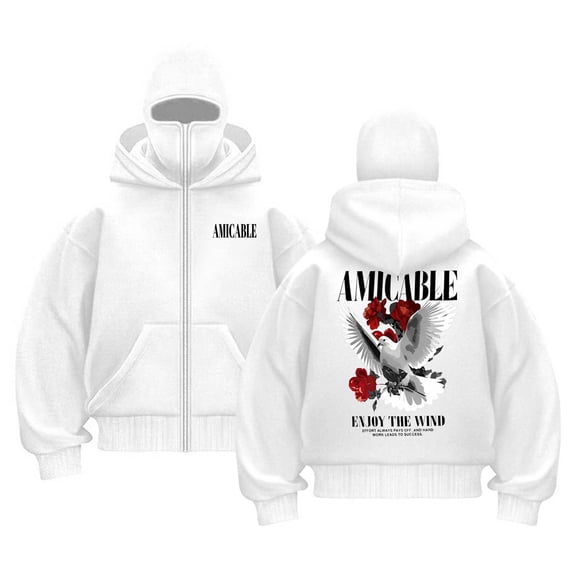 LIWENLI Fleece Lined Zip Up Hoodie Men with Balaclava Mask Trendy Print Sweatshirt, S-2XL (White,L)