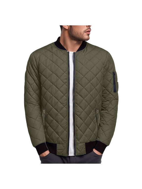 Men's Bomber Jacket Diamond Quilted with Pocket Padded Winter Flight Outerwear, Size S-3XL (AG,L)