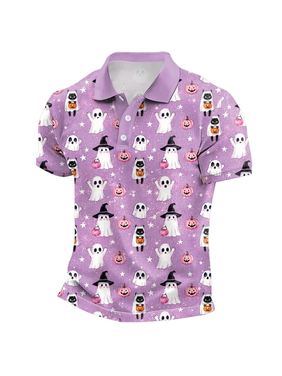 Men's Funny Polo Shirts Short Sleeve Mens Graphic Tees Halloween Costume for S-4XL (Light Purple,S)