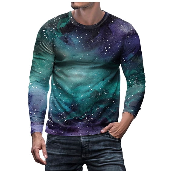 LIWENLI Men's Galaxy Space Graphic Shirts Long Sleeve Crewneck 3D Print Casual Funny Tops (Dark Blue,L)