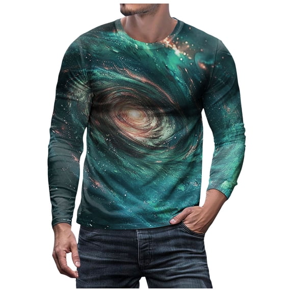 LIWENLI Men's Galaxy Space Graphic Shirts Long Sleeve Crewneck 3D Print Casual Funny Tops (Mint Green,L)
