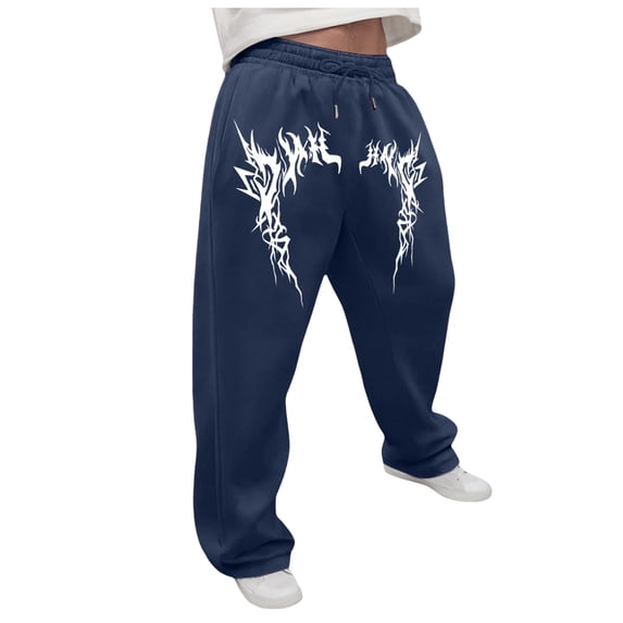 LIWENLI Men's Wide Leg Sweatpants Fleece Lined Baggy Pants with Open Bottom Drawstring Waist S-2XL (Dark Blue,S)