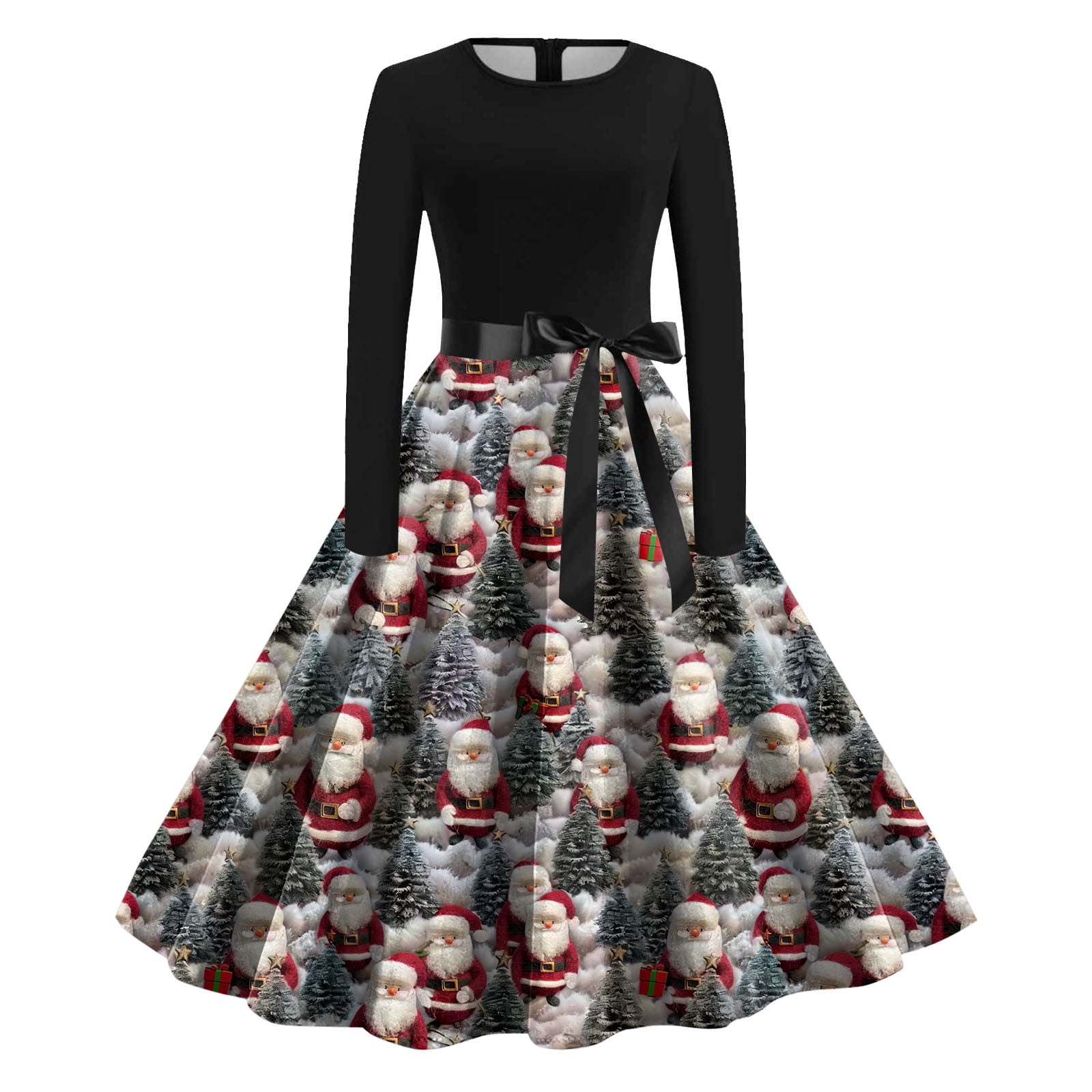 LIWENLI Womens Christmas Dresses Funny Print Long Sleeve Ribbon Decor A ...
