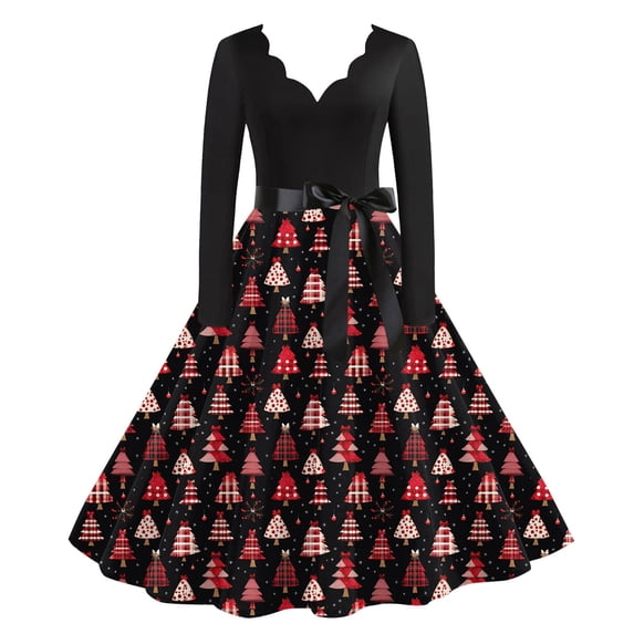 Red Tree Dress LIWENLI Womens Christmas Dresses Long Sleeve V Neck A-Line Tree Printed ...