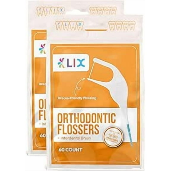 LIX Orthodontic Flossers for Braces + Interdental Brush, 60 Floss Picks Per Bag, Unflavored (120)
