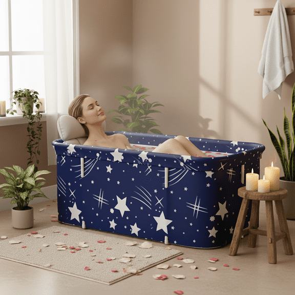 LIXI 47.2in Foldable Freestanding PVC Bathtub – Sturdy Peach Skin, Inflatable-Free & Non-Slip Design (Starry Blue)​