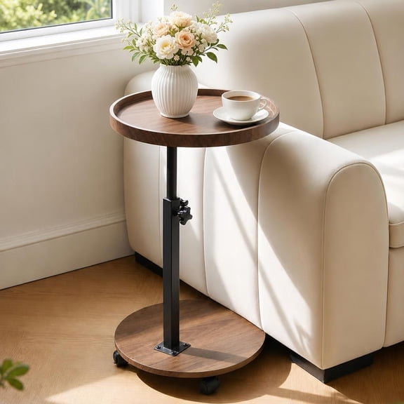 LIXI C Shaped End Table,Round Side Table,360° Rotating Adjustable Height Couch Side Tables for LivingRoom, Bedroom, Corners and Office(Walnut)