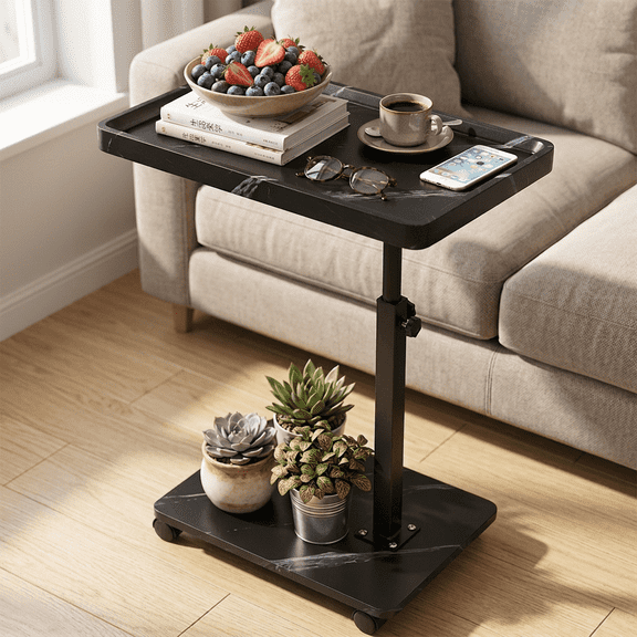 LIXI C-Shaped Table End Table, Adjustable Heigh Side Table, with Durable MDF Top, Steel Frame, Wheels, (Black & White texture )