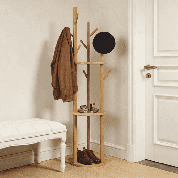 LIXI Coat Rack with 3 Shelves and 9 Hooks, Coat Rack Freestanding for Hats, Coats, Scarves, Bags in Bedroom/Office/Entryway, Natural