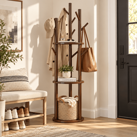 LIXI Coat Rack Freestanding with 3 Shelves and 9 Hooks, Wooden Coat Rack for Hats, Coats, Scarves, Bags in Bedroom/Office/Entryway, Walnut