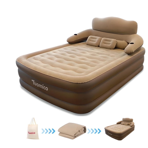 LIXI 18.9in Queen Air Mattress with Headboard &Pump ,  Inflatable Mattress Airbed for Home & Camping & Travel (Brown)