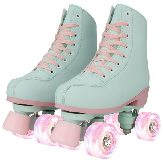 LIXI Girls' Roller Skates, Colorful High-Top Double Row Leather Quad Skates in Attractive Green & Pink,Youth 3
