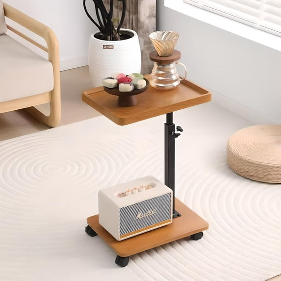 LIXI C Shaped End Table,Adjustable Height Couch Tables,360° Swivel Side Tables with Wheel for Livingroom, Bedroom,Primary,15''L x 12''W x 18~31''H (Wood)