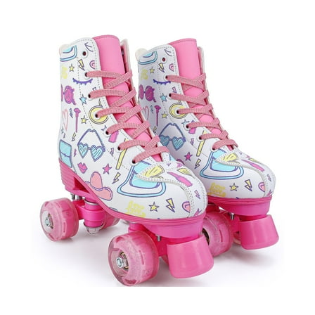 LIXI Roller Skates,PU Leather Upper Cartoon White Roller Skates with Light Up 4 Weels for Girls and Boys,Women's 9/Men's 7.8