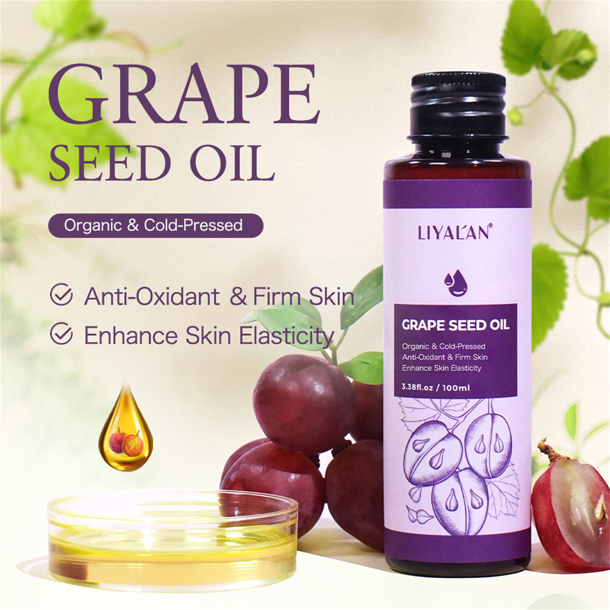 LIYAL'AN Cold Pressed Grape Seed Oil, 100 Organic Pure Natural Carrier