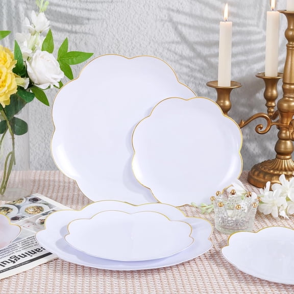 LIYH 100 Pcs White Plastic Plates with Gold Rim - Scalloped Plastic Disposable Plates Includes Dessert & Dinner Plate Tableware Dishes for Birthday Party Valentine's Day