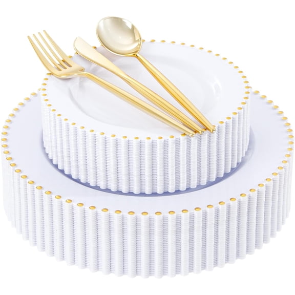 150 Pcs White and Gold Plastic Plates - Elegant Disposable Gold Plastic Dinnerware set Include Dinner & Dessert Plates Cups for Birthday Party Wedding 30 Guests