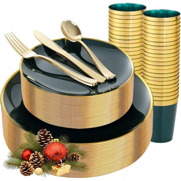 LIYH 180 Pcs Green and Gold Plastic Christmas Plates - Disposable Christmas Dinnerware sets Green Dinner Dert Plates Gold Plastic Sierware Cups for Holiday Party