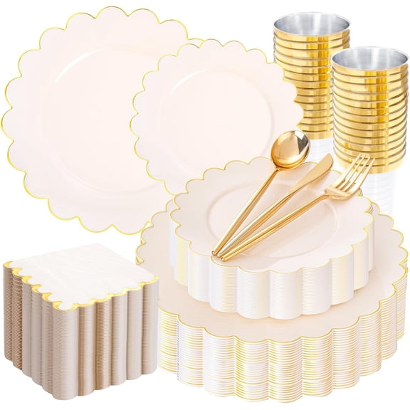 LIYH 210 Pcs Ivory Plastic Plates Scalloped Plastic Plates Disposable Dinnerware Set Cream Gold Scalloped Plate Include Plate Gold Silverware Napkins Cup for Birthday Valentine's Day 30 Guests
