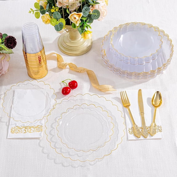 LIYH 350 Pcs Clear and Gold Plastic Disposable Dinnerware Set - Plastic Scalloped Plates Include Dinner & Dessert Plates, Gold Silverware, Cups Napkins for Party Birthday Wedding