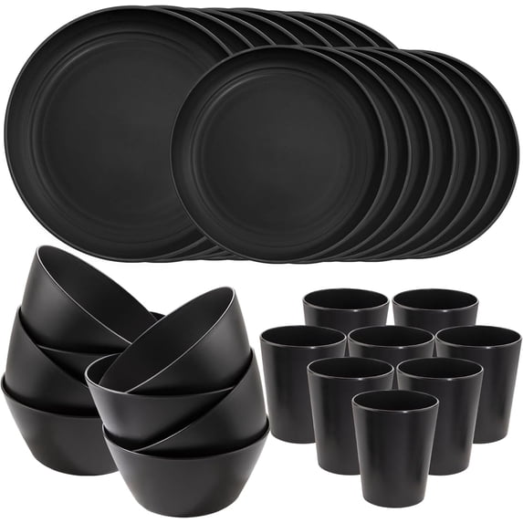 48 Pcs Black Wheat Straw Plates and Bowls Dinnerware Set for 12, Camping Dish Set, Dishwasher Safe, Unbreakable Plastic Camper Dishes