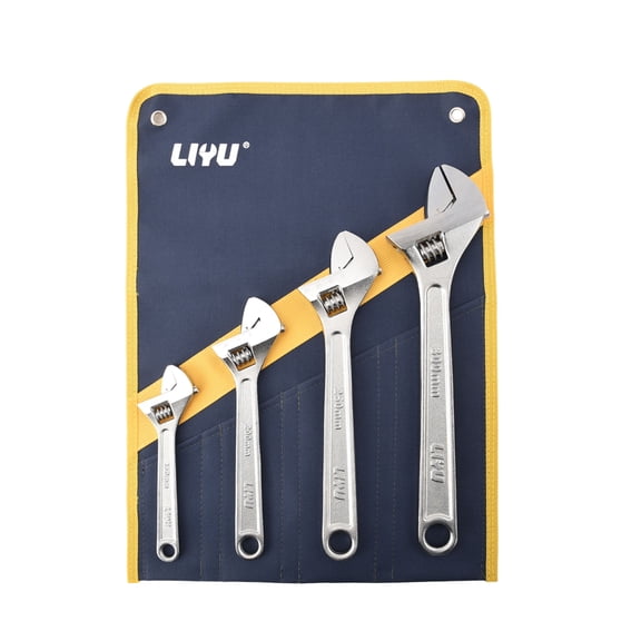 LIYU 4-Piece Adjustable Wrench Set, CR-V Steel 6/8/10/12 Inch Spanner Kit with Storage Pouch