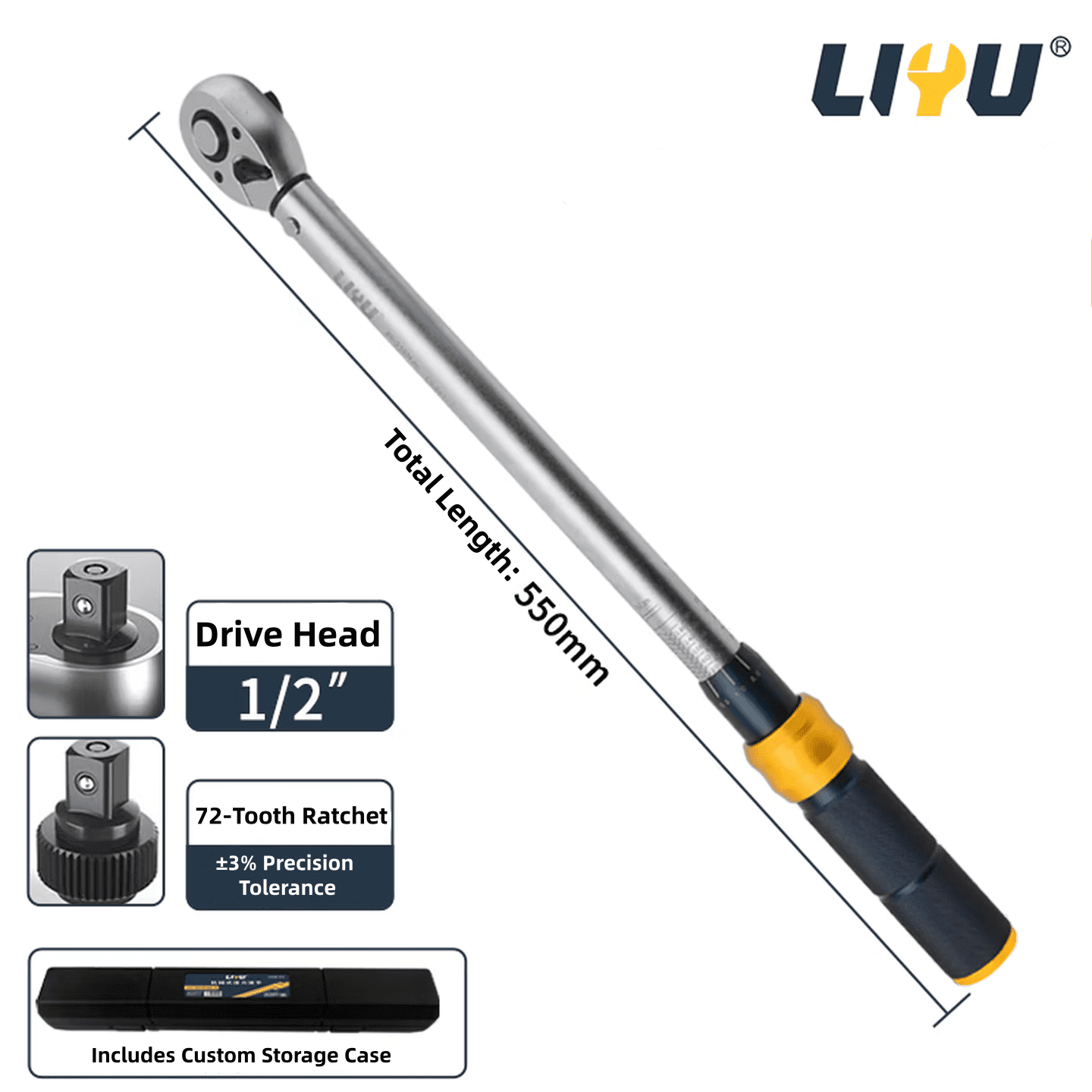 LIYU Preset Click Torque Wrench,1/2 Inch Drive 60-330Nm(44.25-243.4Ft-lbs),72-Tooth Reversible Ratchet Precision Torque Wrench with Storage Case for Truck & Large Vehicle Tire Repair