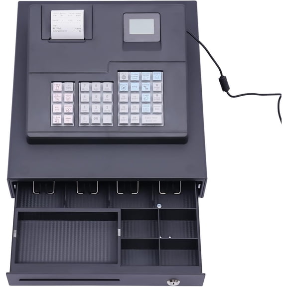 LIYUANJUN 38-Keys Cash Register, Electronic Cash Register with Drawer Cash Box 4 Bill Slots and 5 Coin Slots POS Casher for Small Businesses Retail Shop LED Customer Display