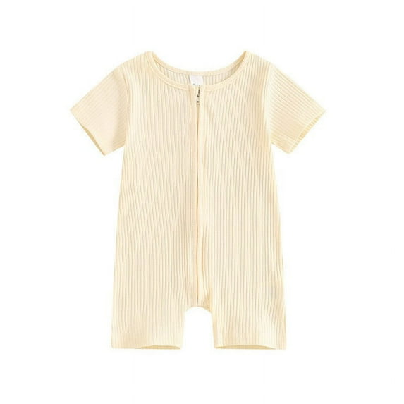 LIZENG Baby Girl Boys Summer Outfit Ribbed Romper Bodysuit Short Sleeve Zipper Jumpsuit Gender Neutral Baby Essentials Clothes