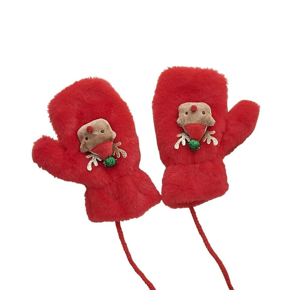 LIZENG Children’s Mittens Clearance Faux Rabbit Fur Plush Warm Gloves with Hanging Neck Strap and Christmas Embroidery for Winter Cold-Proof Holiday Gifts
