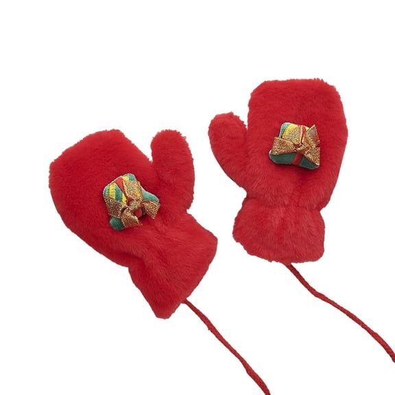 LIZENG Children’s Mittens Clearance Faux Rabbit Fur Plush Warm Gloves with Hanging Neck Strap and Christmas Embroidery for Winter Cold-Proof Holiday Gifts