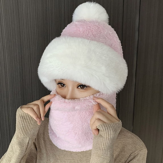 LIZENG Clearance Women’s Windproof Scarf Hat Thick Plush Knit Winter Hat with Neck Warmer and Warm and Lightweight for Outdoor Activities Skiing Snowboarding and Cold+Warm Hat 