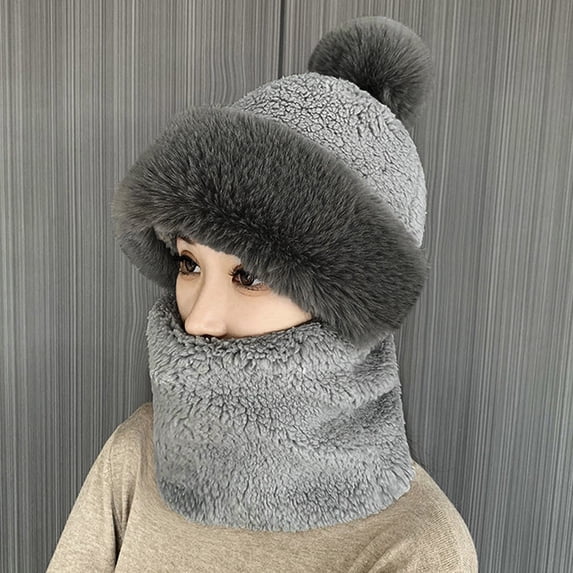 LIZENG Clearance Women’s Windproof Scarf Hat Thick Plush Knit Winter Hat with Neck Warmer and Warm and Lightweight for Outdoor Activities Skiing Snowboarding and Cold+Warm Hat 
