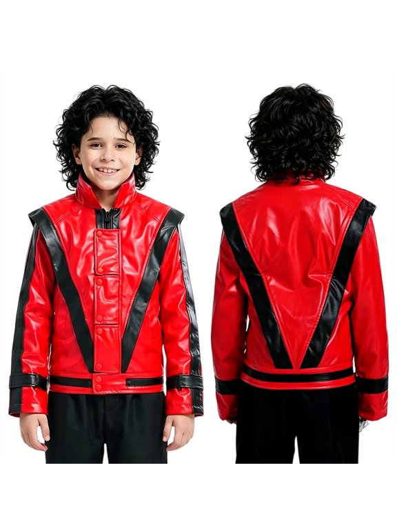 Kids Red and Black Faux Leather Jacket Zipper Retro Dance Biker Coat Motorcycle Outerwear