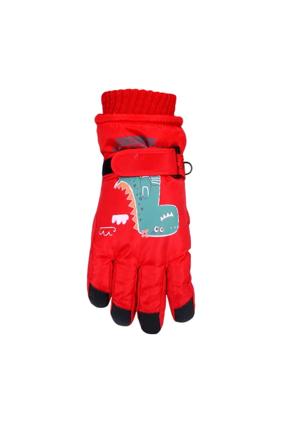 Kids Ski Gloves Red Dinosaur Printed Winter Warm Windproof Toddler’s Gloves for Outdoor Play Girls Winter