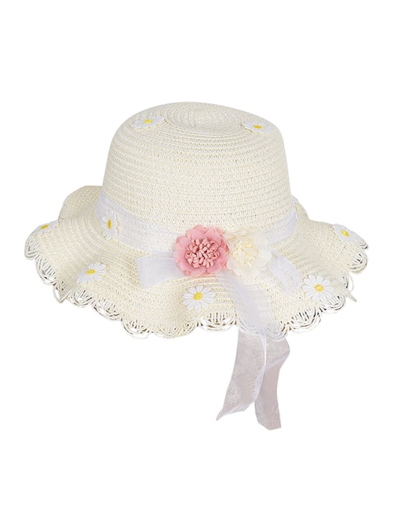 Little Girl Breathable Summer Straw Hat Cute Flowers Lace Bowknot Sun Hats Kids Floppy Beach Cap Wide Brim Sun Visor Hat Cap
